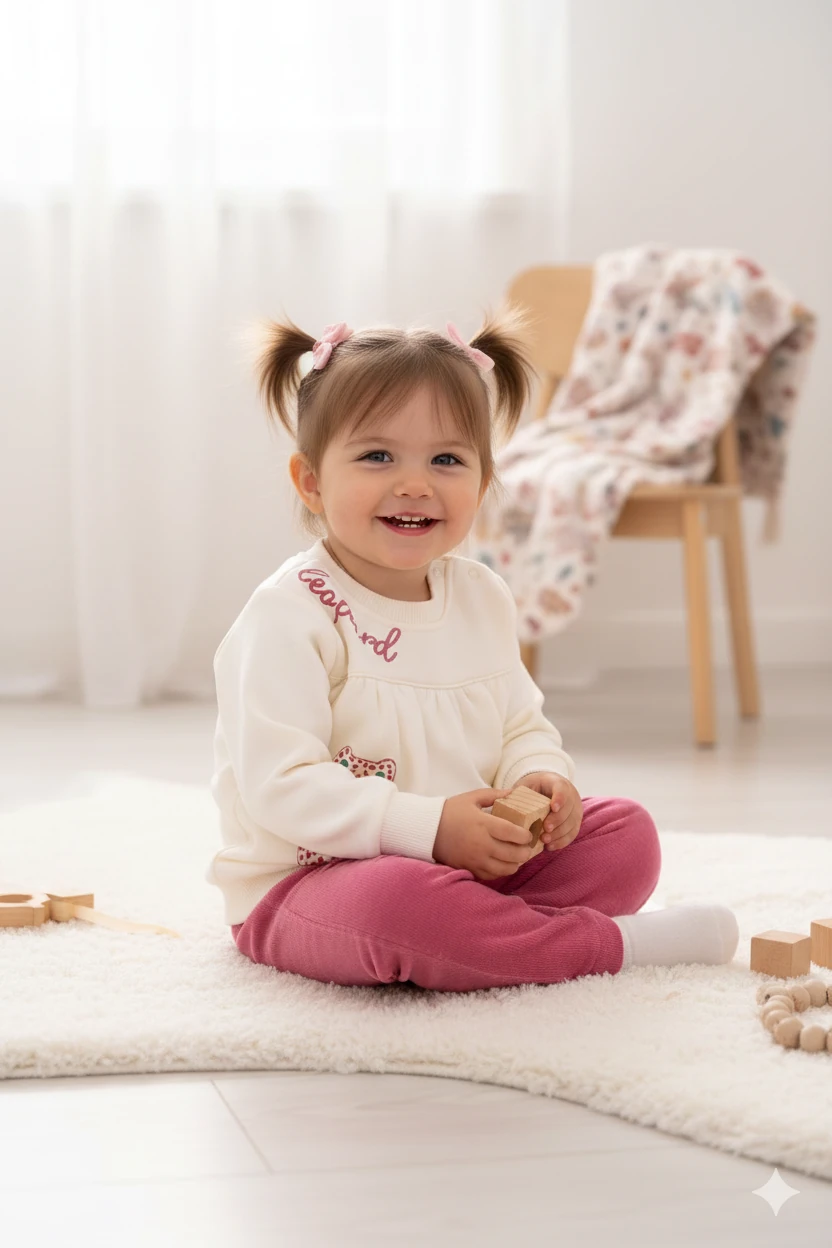 Kız Bebek Kedicik Baskılı Şardonlu 2Li Takım - ekru