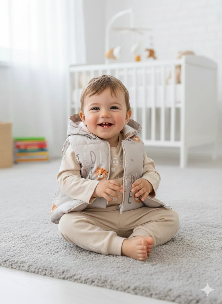 Erkek Bebek Aslanlı Yelekli 3Lü Takım - bej