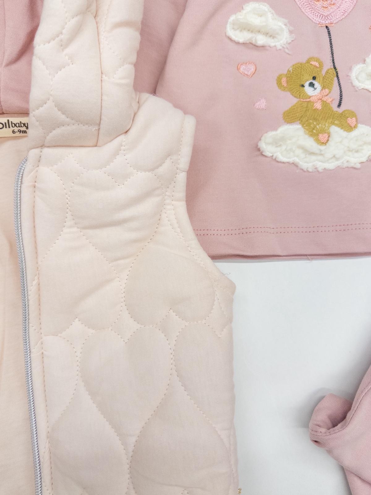 Kız Bebek Kalp Kabartmalı Yelekli Üçlü Takım