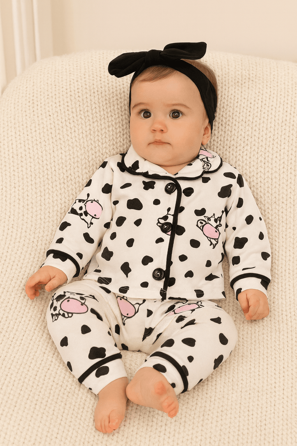 Kız Bebek İnek Baskılı Düğmeli Pijama İkili Takım