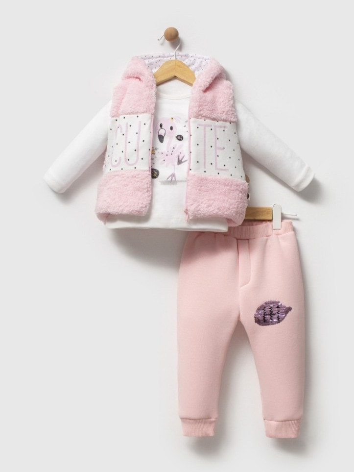 Kız Bebek Welsoft Cute İşlemeli Üçlü Takım - Pembe