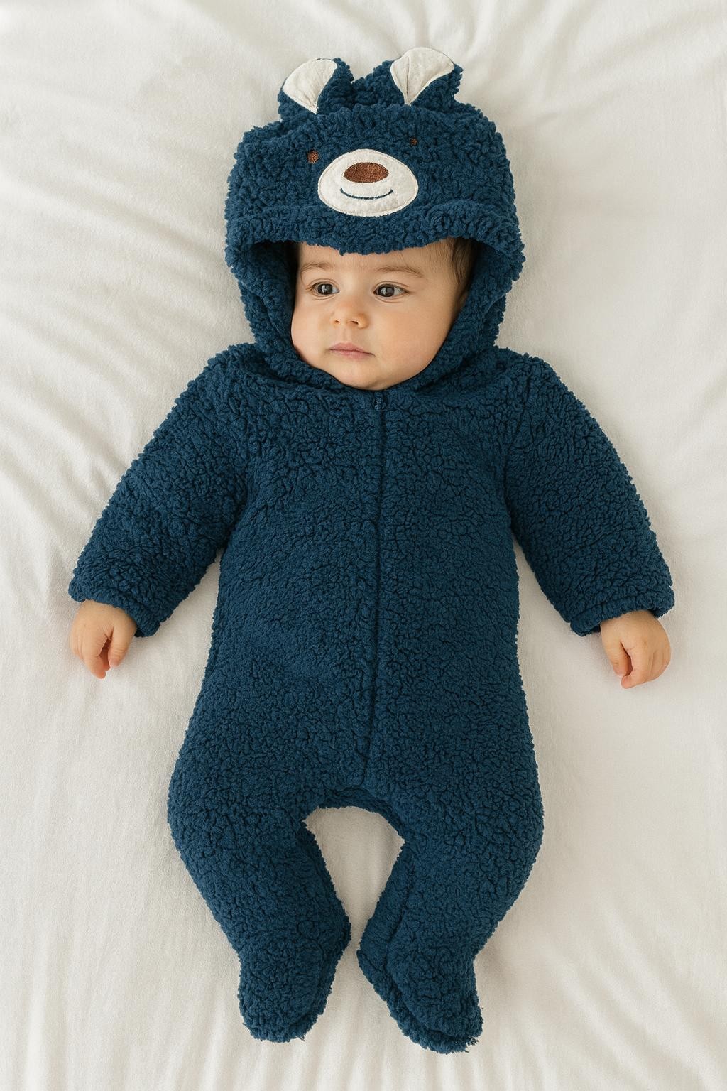 Erkek Bebek Fermuarlı Patikli Peluş Kuzu Tulum - lacivert