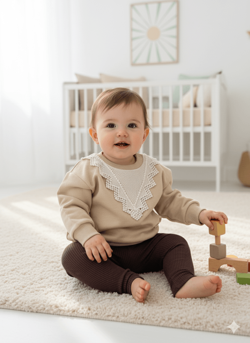 Kız Bebek Dantelli Taytlı İkili Takım - sütlü kahve