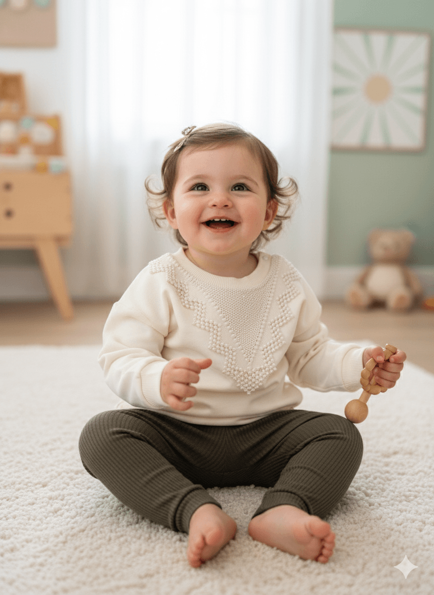 Kız Bebek Dantelli Taytlı İkili Takım - Krem