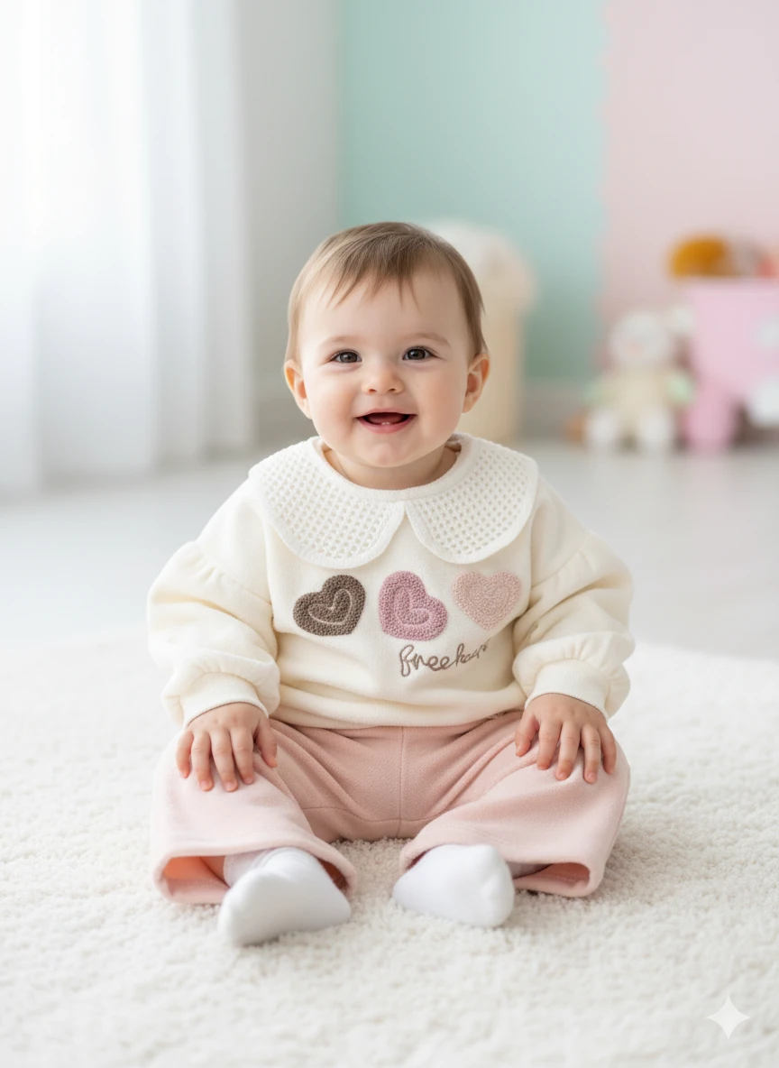 Kız Bebek Yakalı Kalp İşlemeli Kadife İkili Takım