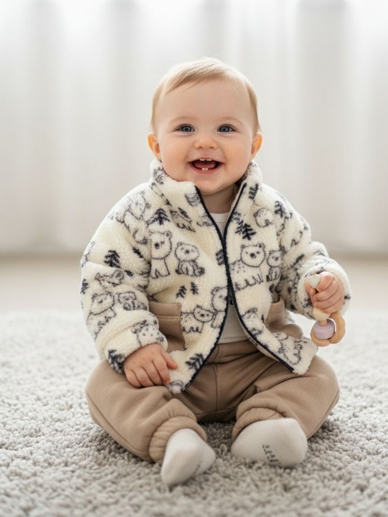 Erkek Bebek Peluş Ceketli Üçlü Takım - Krem