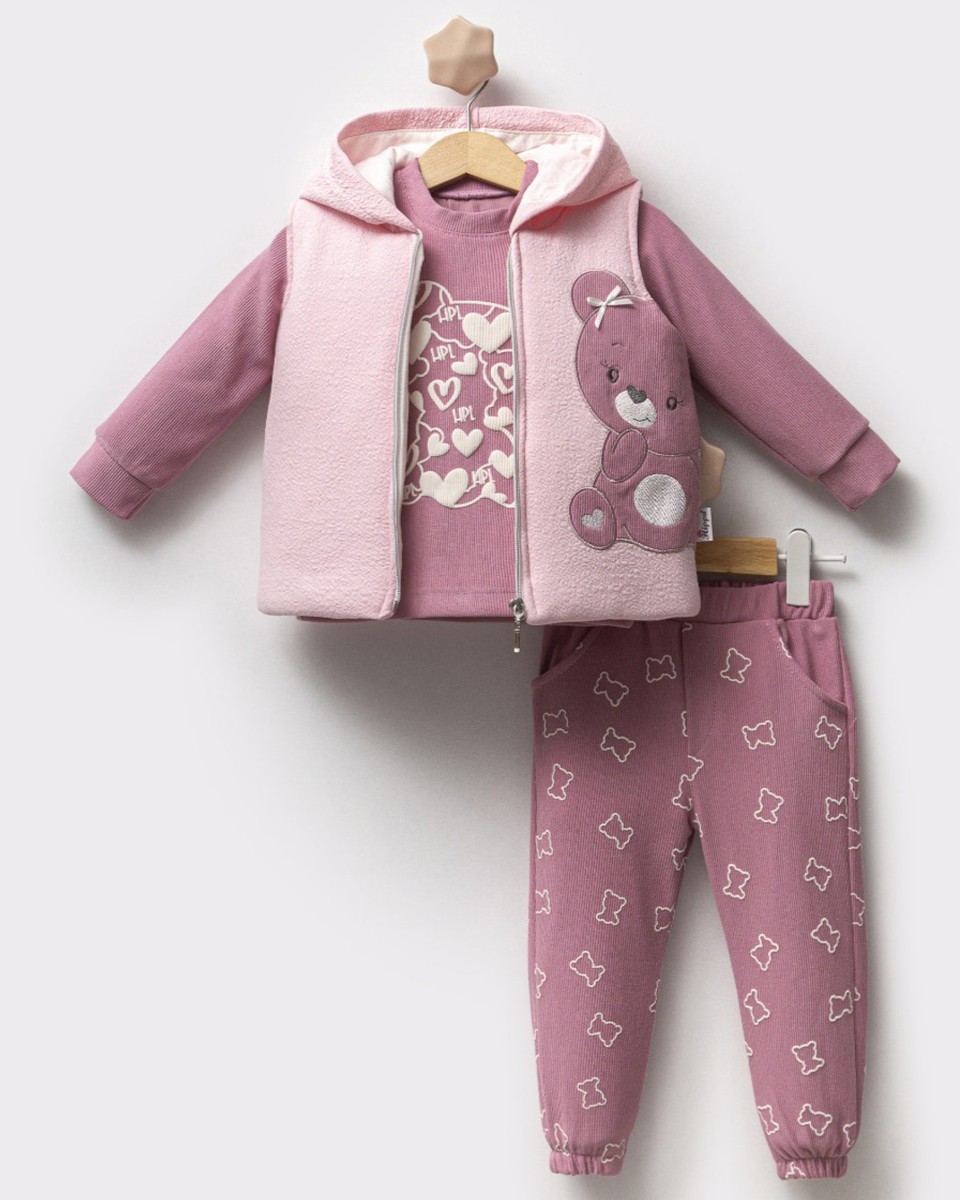Kız Bebek Ayıcıklı Yelekli Üçlü Takım - Pembe