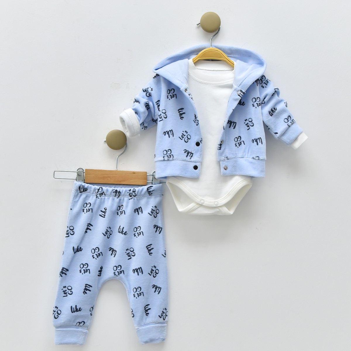 Erkek Bebek Kapüşonlu Mavi Renk Kadife Üçlü Takım