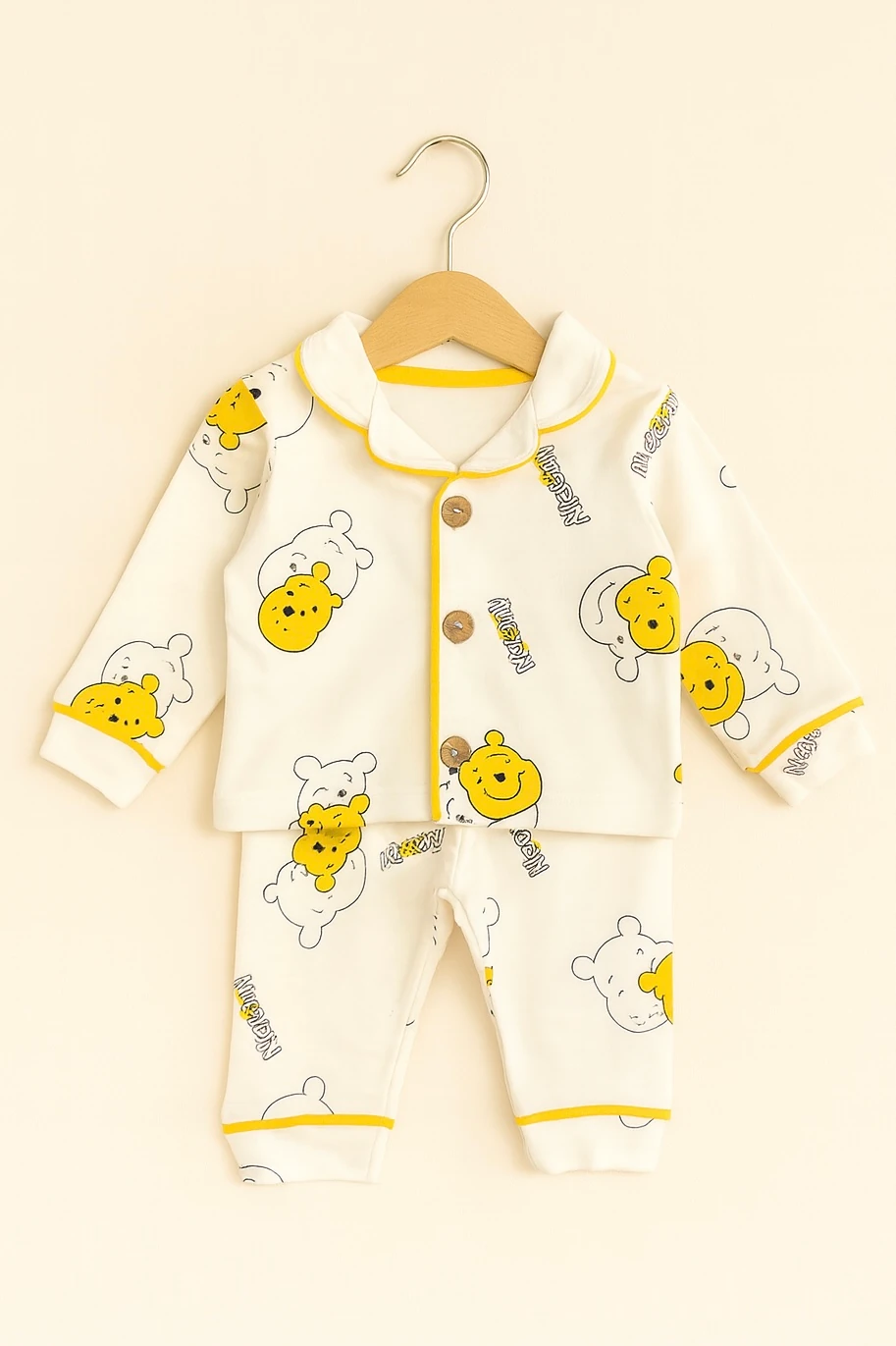 Unisex Bebek Pooh Baskılı düğmeli Pijama İkili Takım
