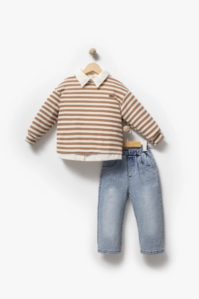 Erkek Bebek Gömlek Sweat Kot Pantolon Üçlü Takım - kahverengi