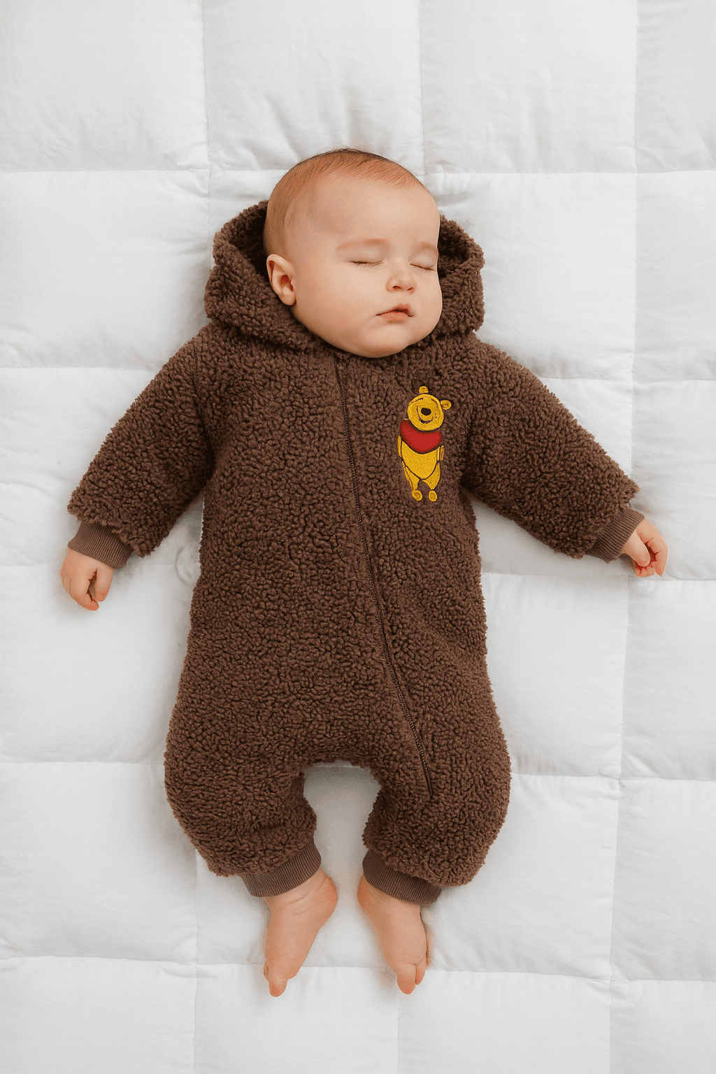 Unisex Bebek Kuzu Kumaş Wini Pooh Kapüşonlu Tulum - kahverengi