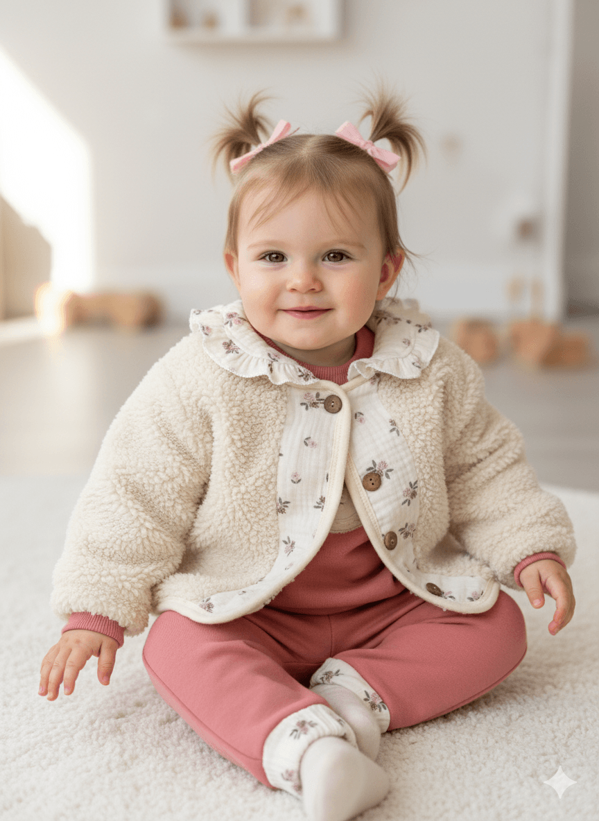 Kız Bebek Kuzu Hırkalı Şardonlu Üçlü Takım
