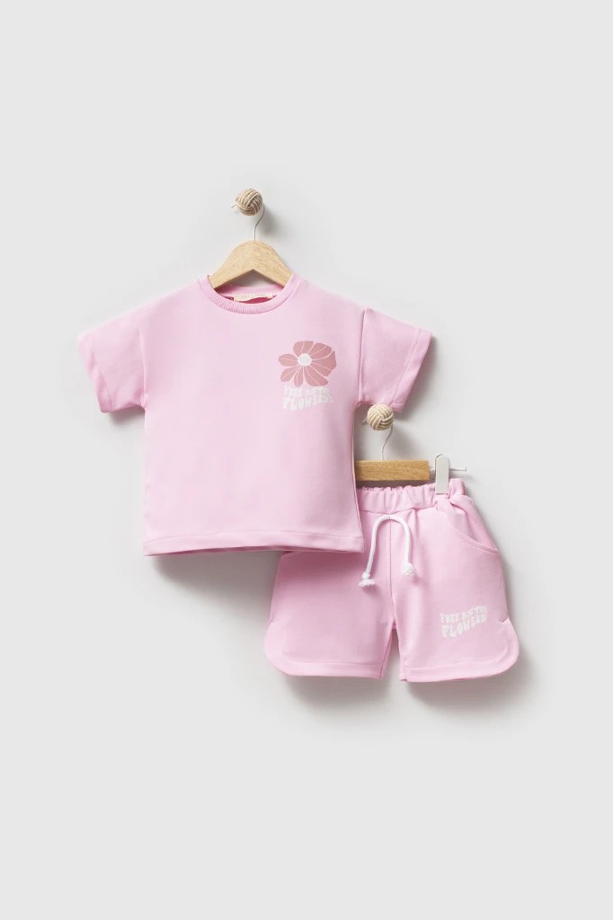 Kız Bebek Sırt Baskılı Şortlu İkili Takım - Pembe