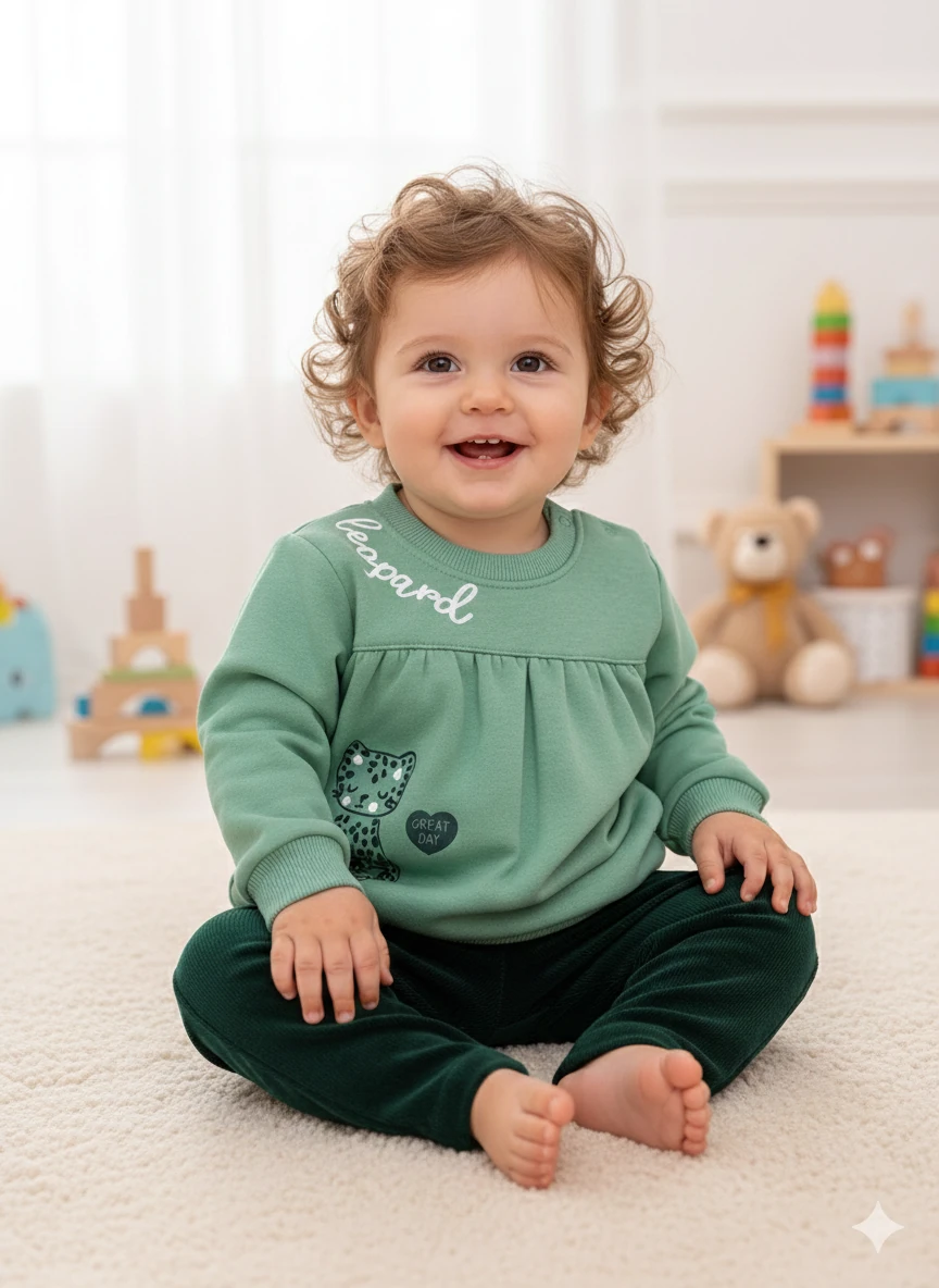 Kız Bebek Kedicik Baskılı Şardonlu 2Li Takım