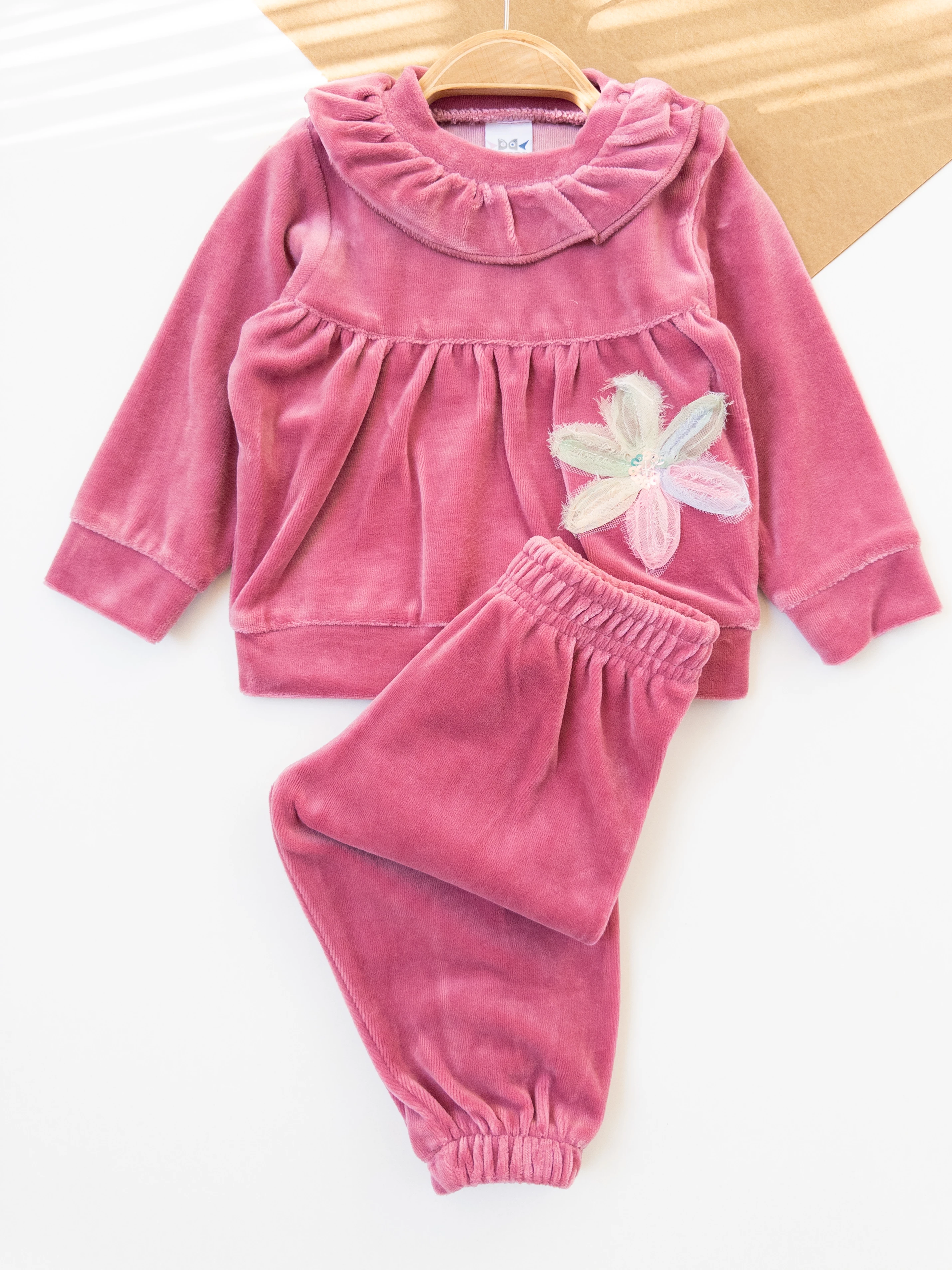 Kız Bebek Yakalı Kadife İkili Takım - nar çiçeği