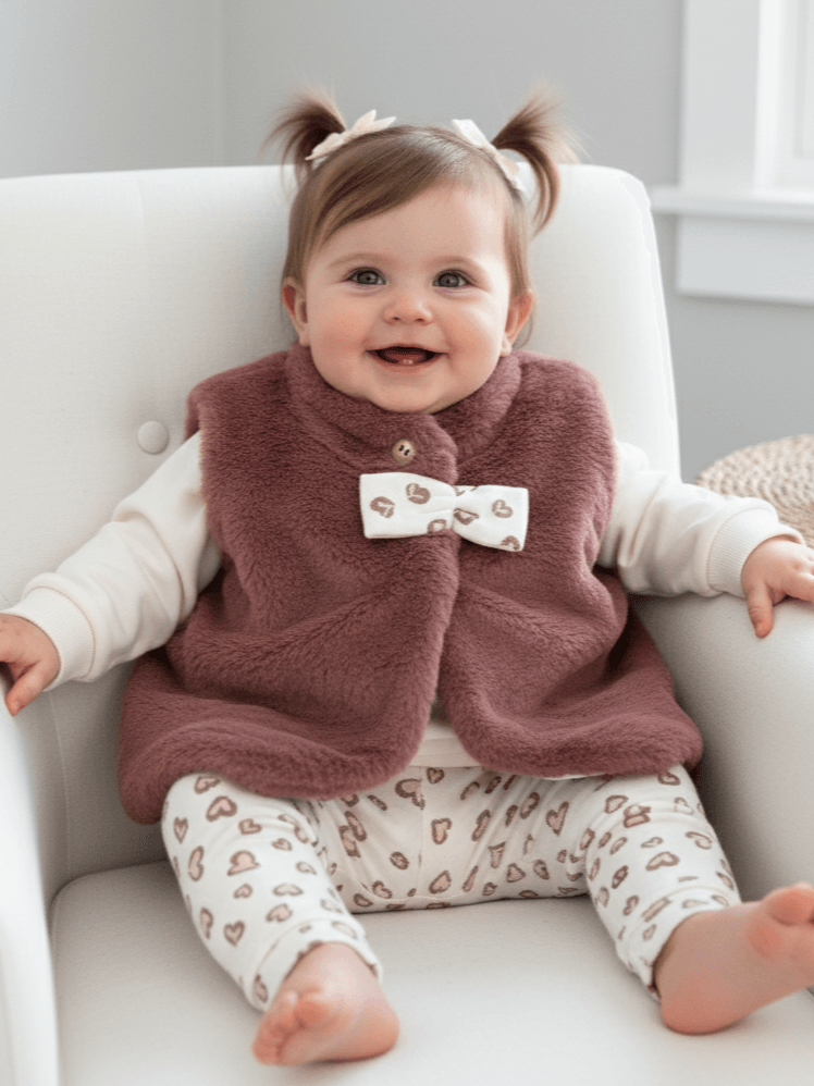 Kız Bebek Peluş Yelekli Üçlü Şardonlu Takım - gül kurusu