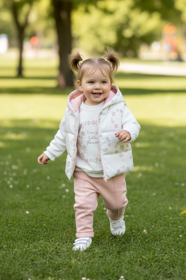 Kız Bebek Çiçekli Şişme Yelekli Üçlü Takım