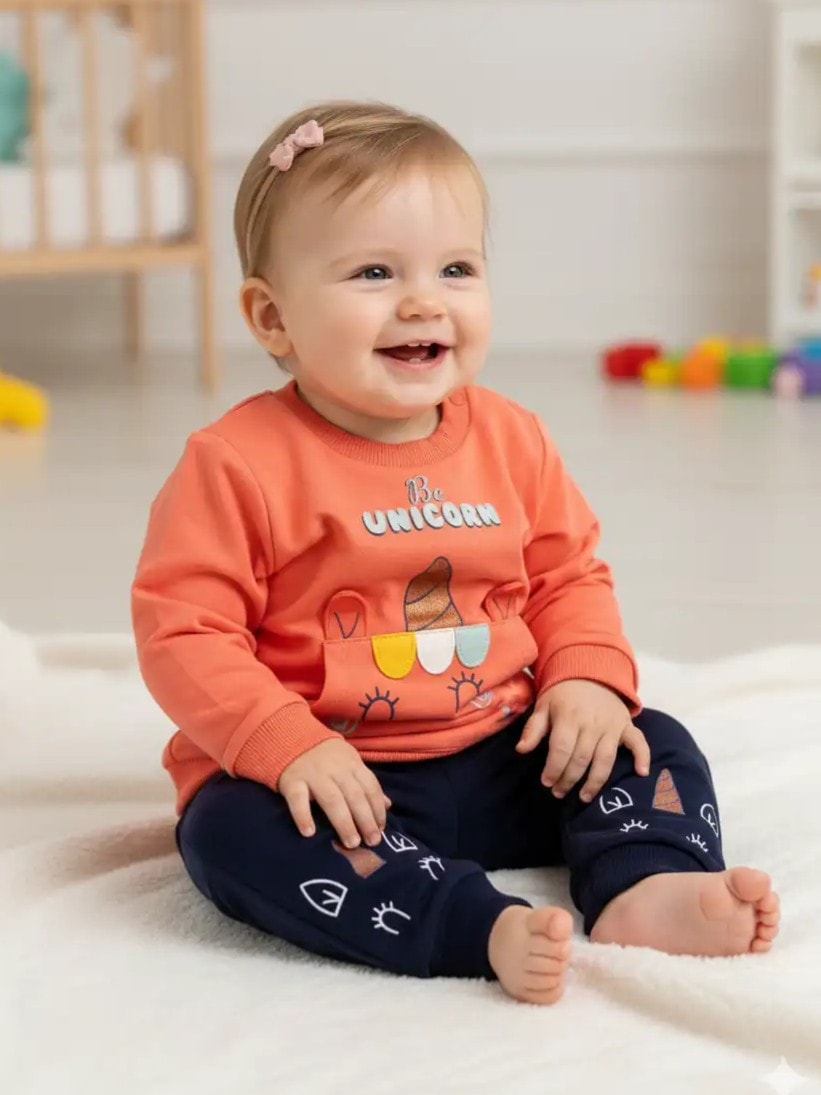 Kız Bebek Unicorn Baskılı İkili Takım - nar çiçeği