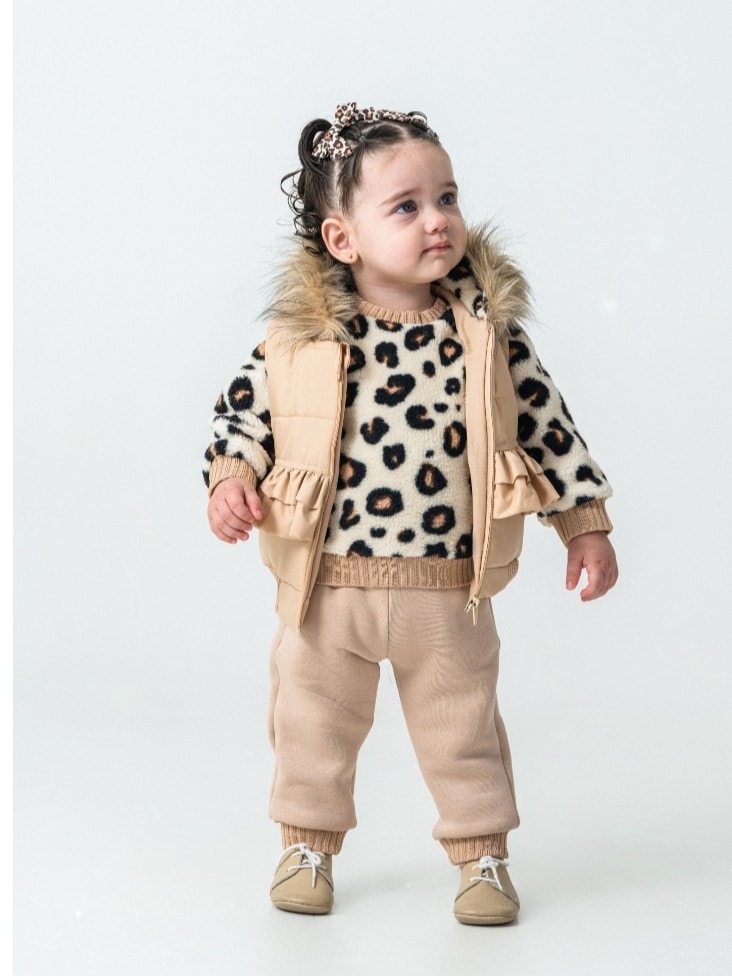 Kız Bebek Kürklü Leoparlı Yelekli Üçlü Takım - bej