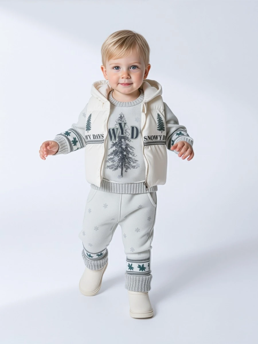 Erkek Bebek Snowy Kapüşonlu Yelekli Üçlü Takım - Krem