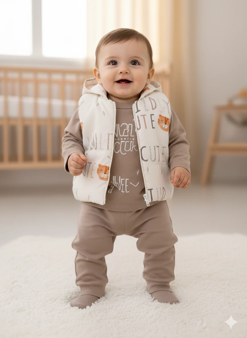 Erkek Bebek Aslanlı Yelekli 3Lü Takım - kahverengi