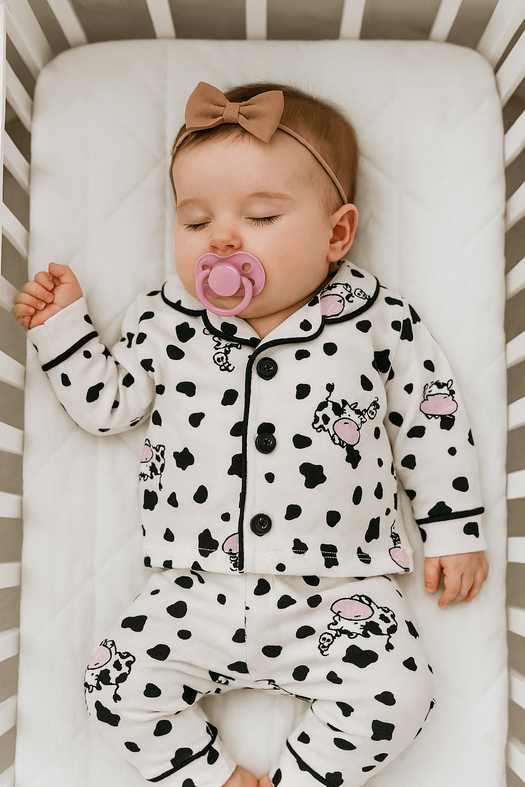 Kız Bebek İnek Baskılı Düğmeli Pijama İkili Takım