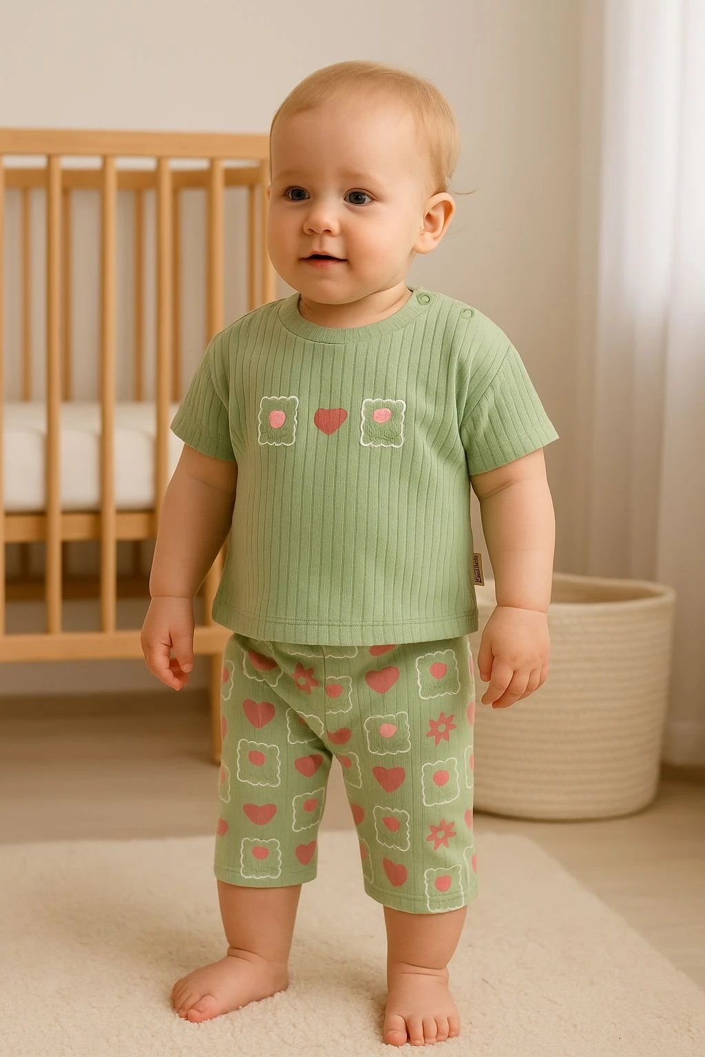Kız Bebek Fitilli Kalp Nakışlı İkili Takım