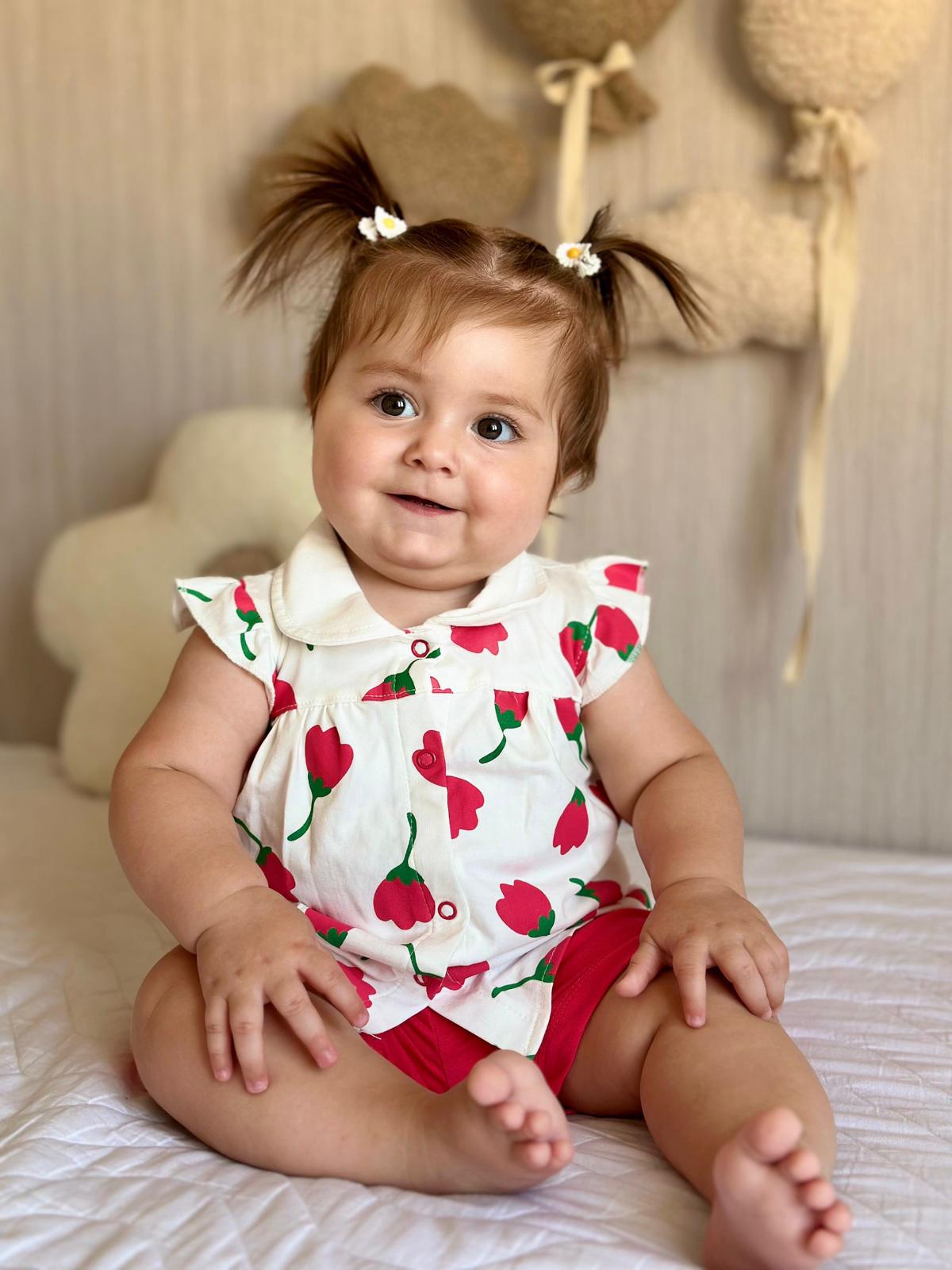 Kız Bebek Süprem Lale Baskılı Çıtçıtlı Şortlu İkili Takım