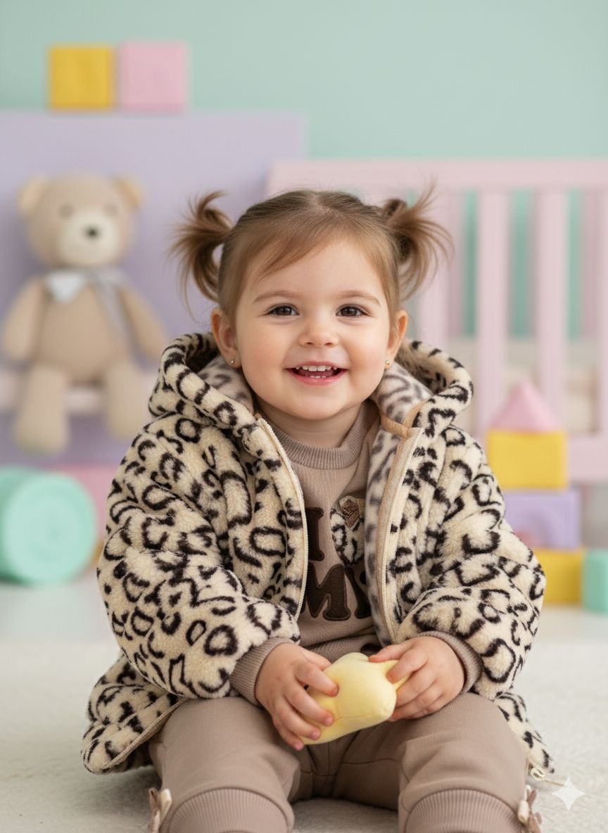 Kız Bebek Peluş Ceketli Leoparlı Üçlü Takım