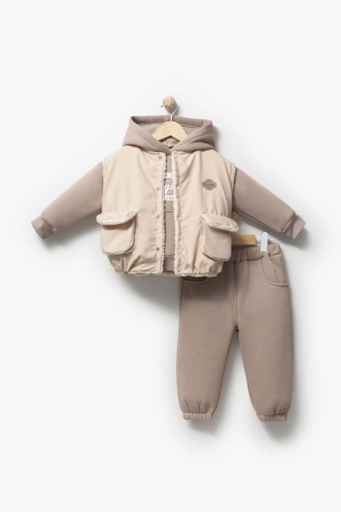Erkek Bebek Kapüşonlu Yelekli 3’lü Takım