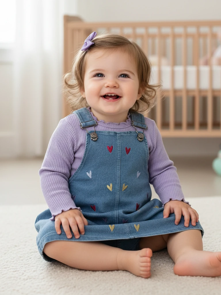 Kız Bebek Çiçek Nakışlı Kot Elbise Takım