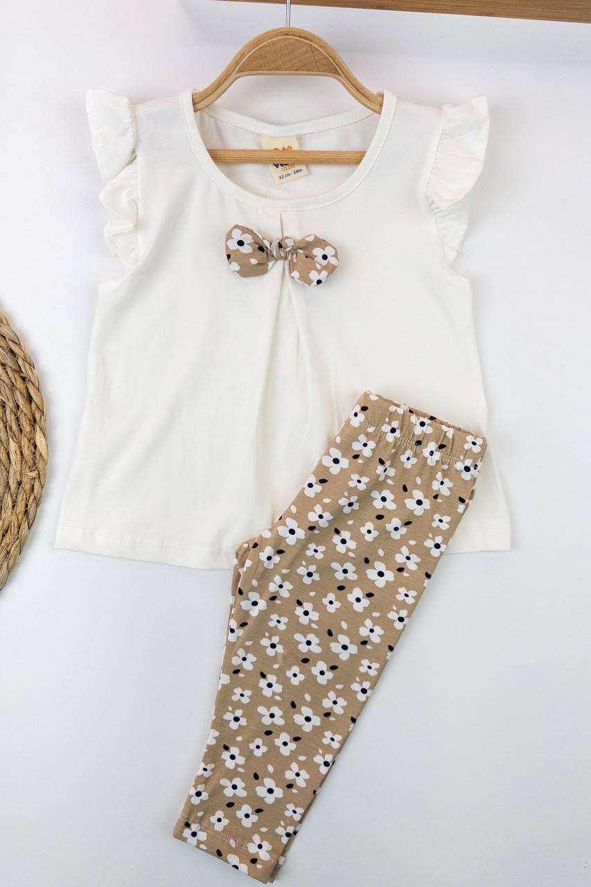 Kız Bebek Papatya Desenli Beyaz Renk Taytlı İkili Takım - kahverengi