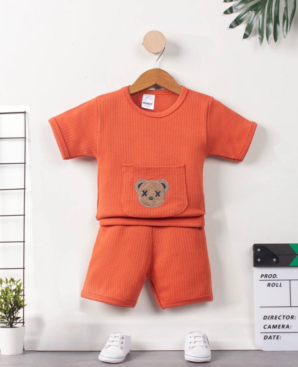 Erkek Bebek Fitilli Ayıcık İşlemeli İkili Takım - turuncu
