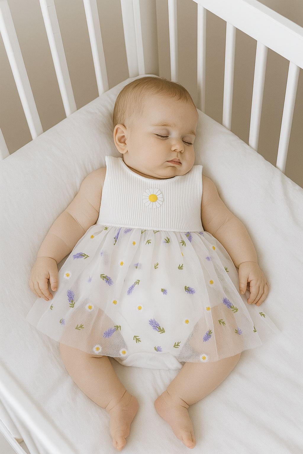Kız Bebek Çıtçıtlı Papatya Nakışlı Elbise - beyaz