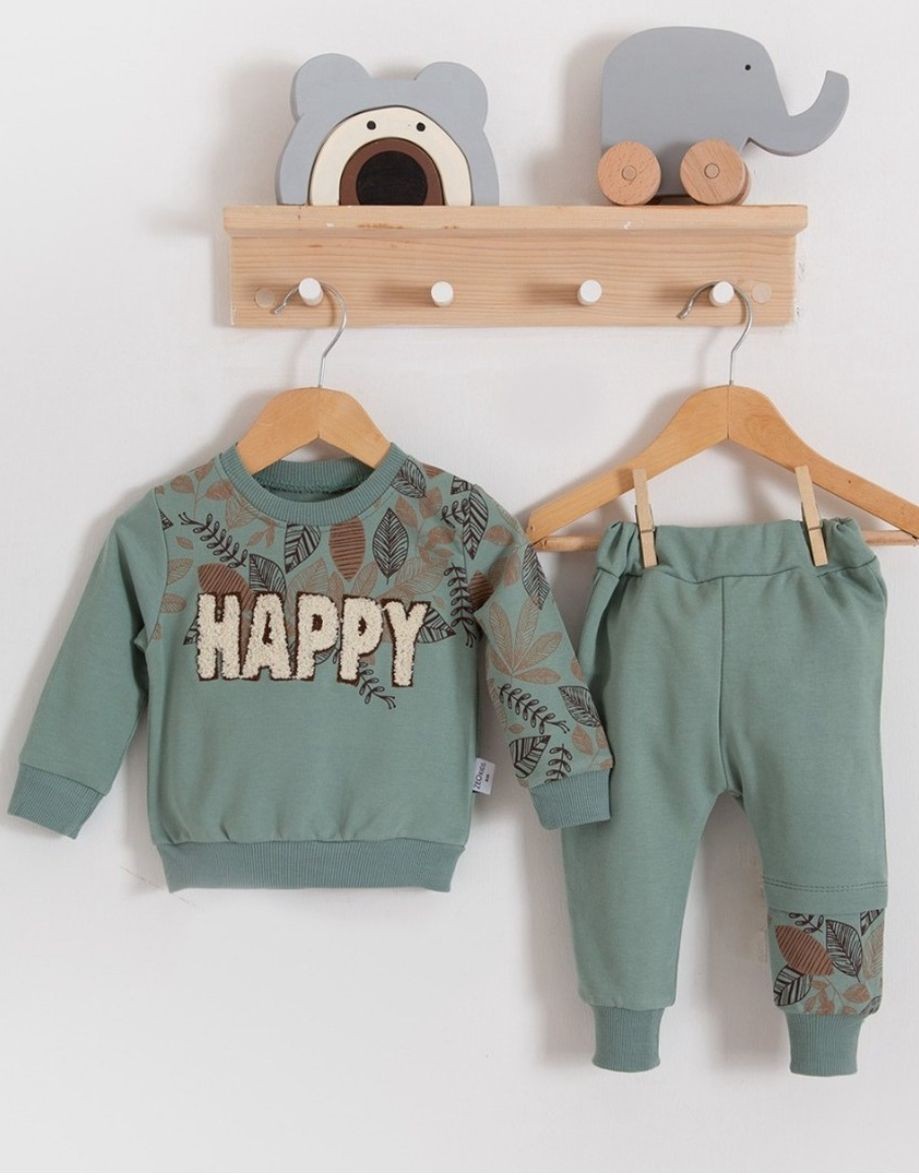 Unisex Bebek Happy İşlemeli Mevsimlik İkili takım - yeşil