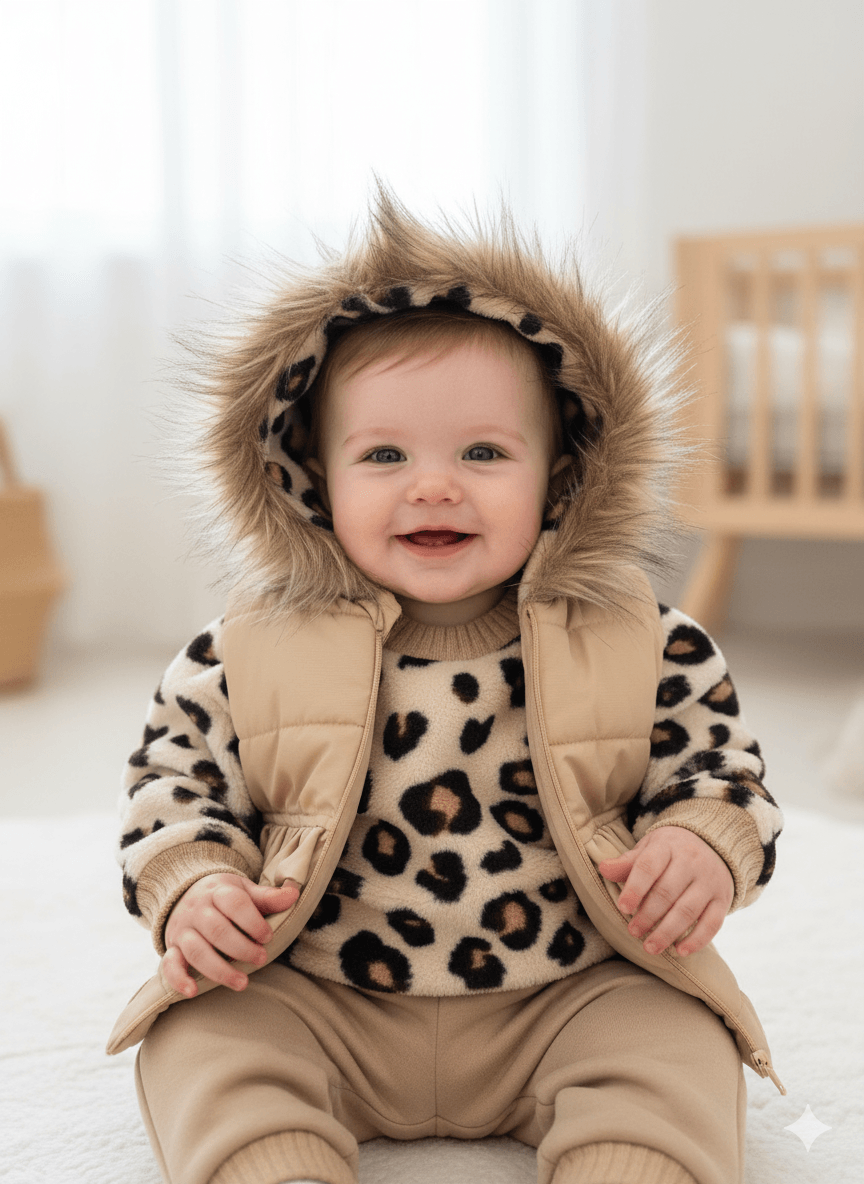 Kız Bebek Kürklü LeoparKazaklı Yelekli Üçlü Takım - bej