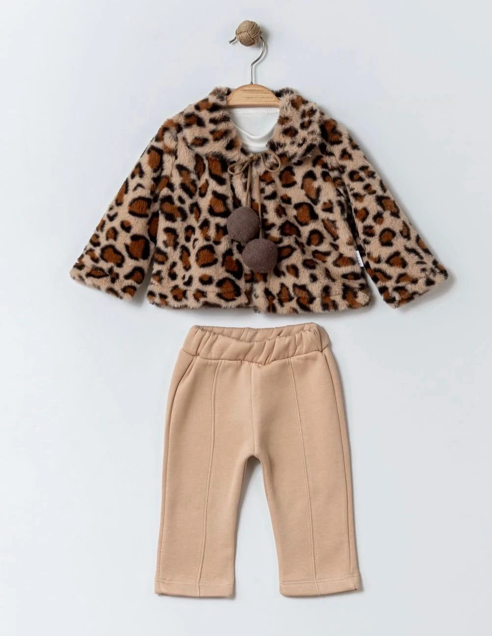 Kız Bebek Leoparlı Peluş Ceketli Üçlü Takım - bej