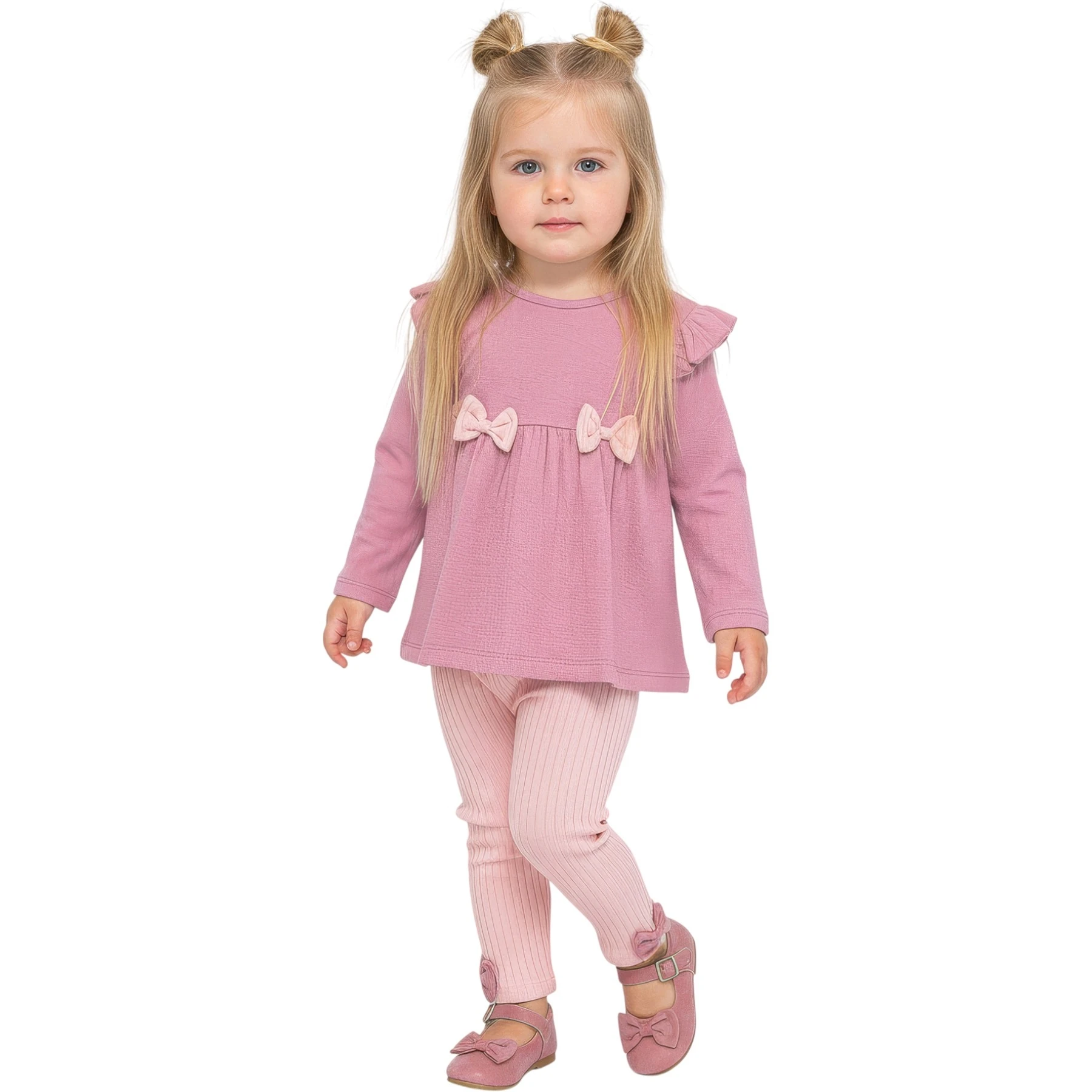 Kız Bebek Fitilli Fiyonklu Müslin İkili Takım - Pembe