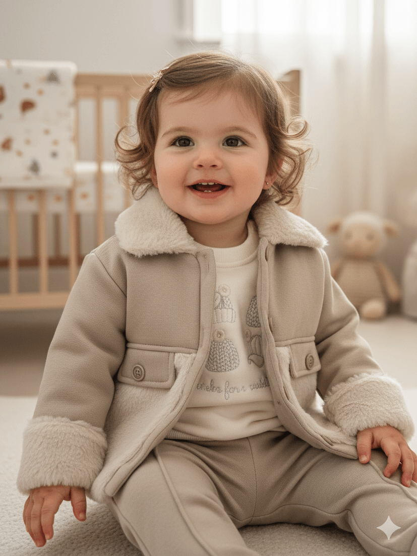 Kız Bebek Kürklü Hırkalı Şardonlu Üçlü Takım - sütlü kahve