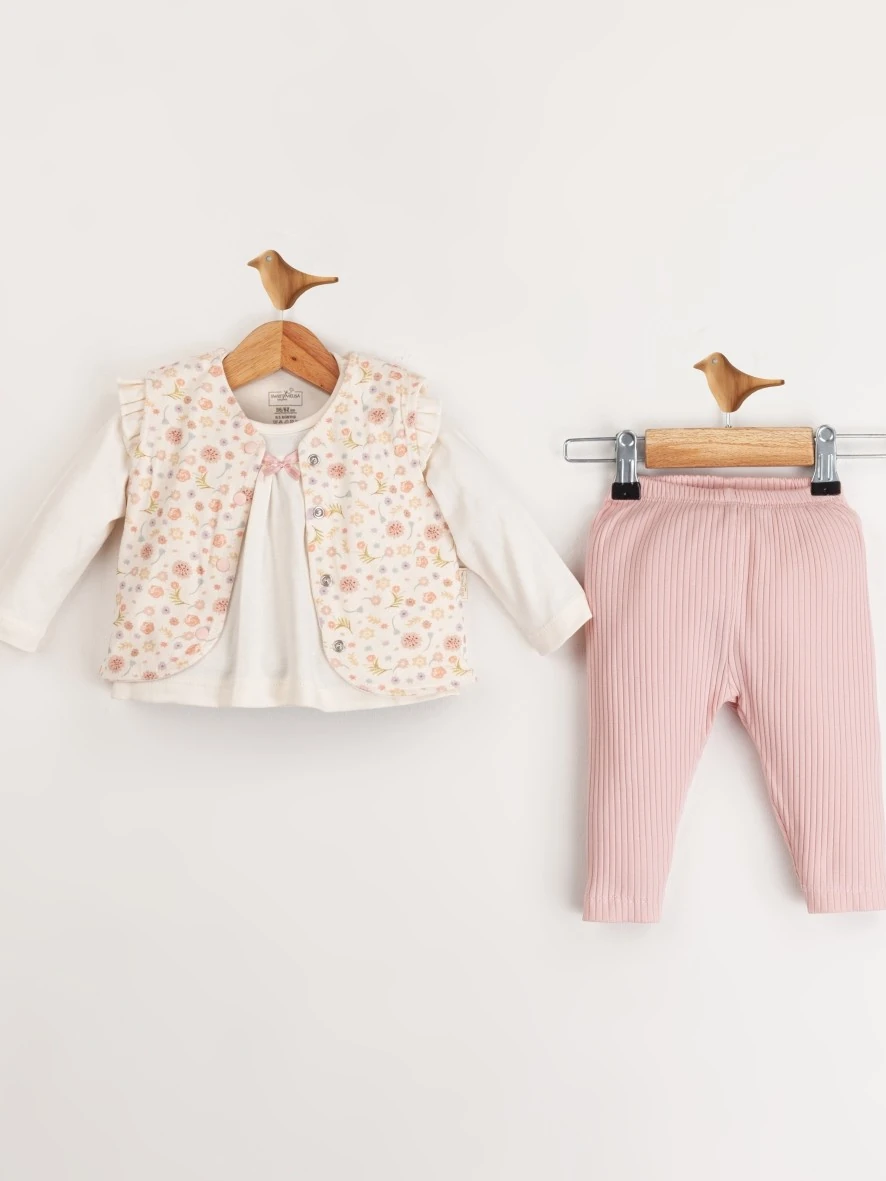 Kız Bebek Çıtır Çiçekli Yelekli Üçlü Takım - Pembe
