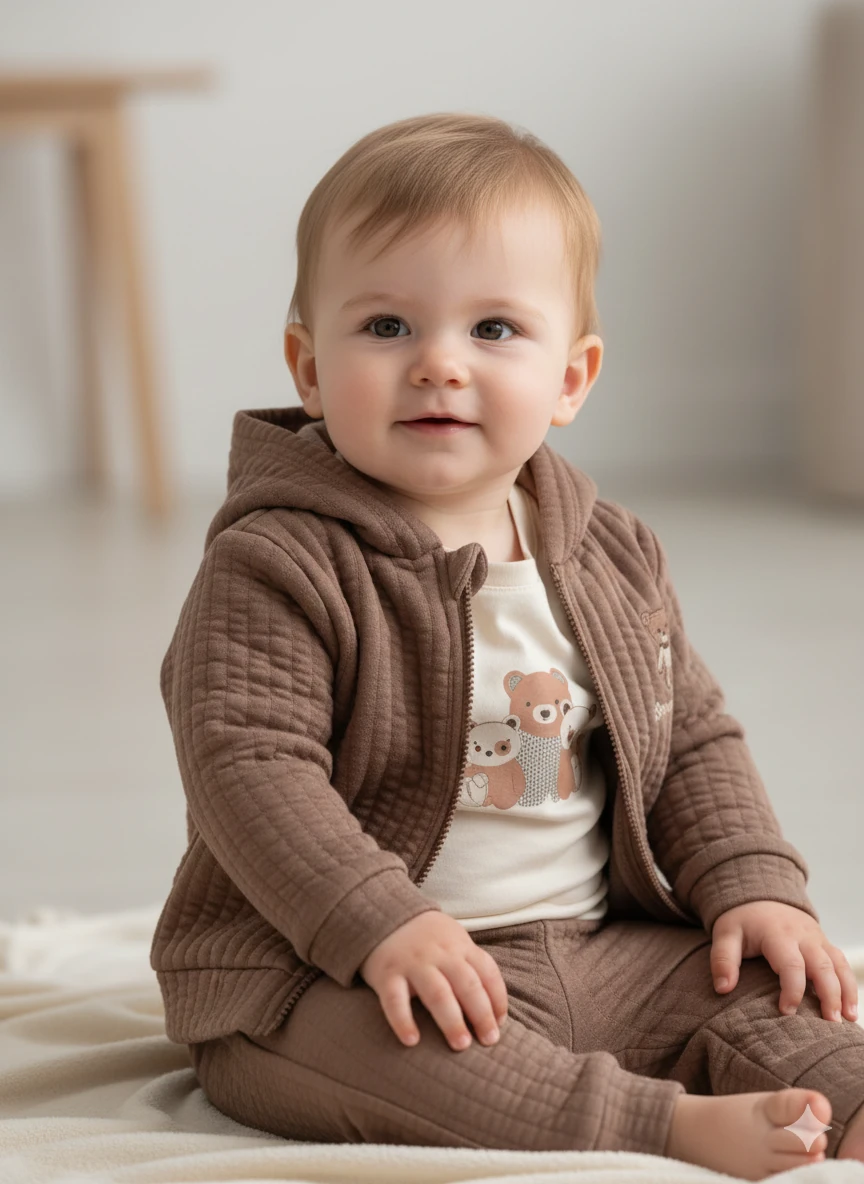 Erkek Bebek Kapüşonlu Hırkalı Üçlü Takım