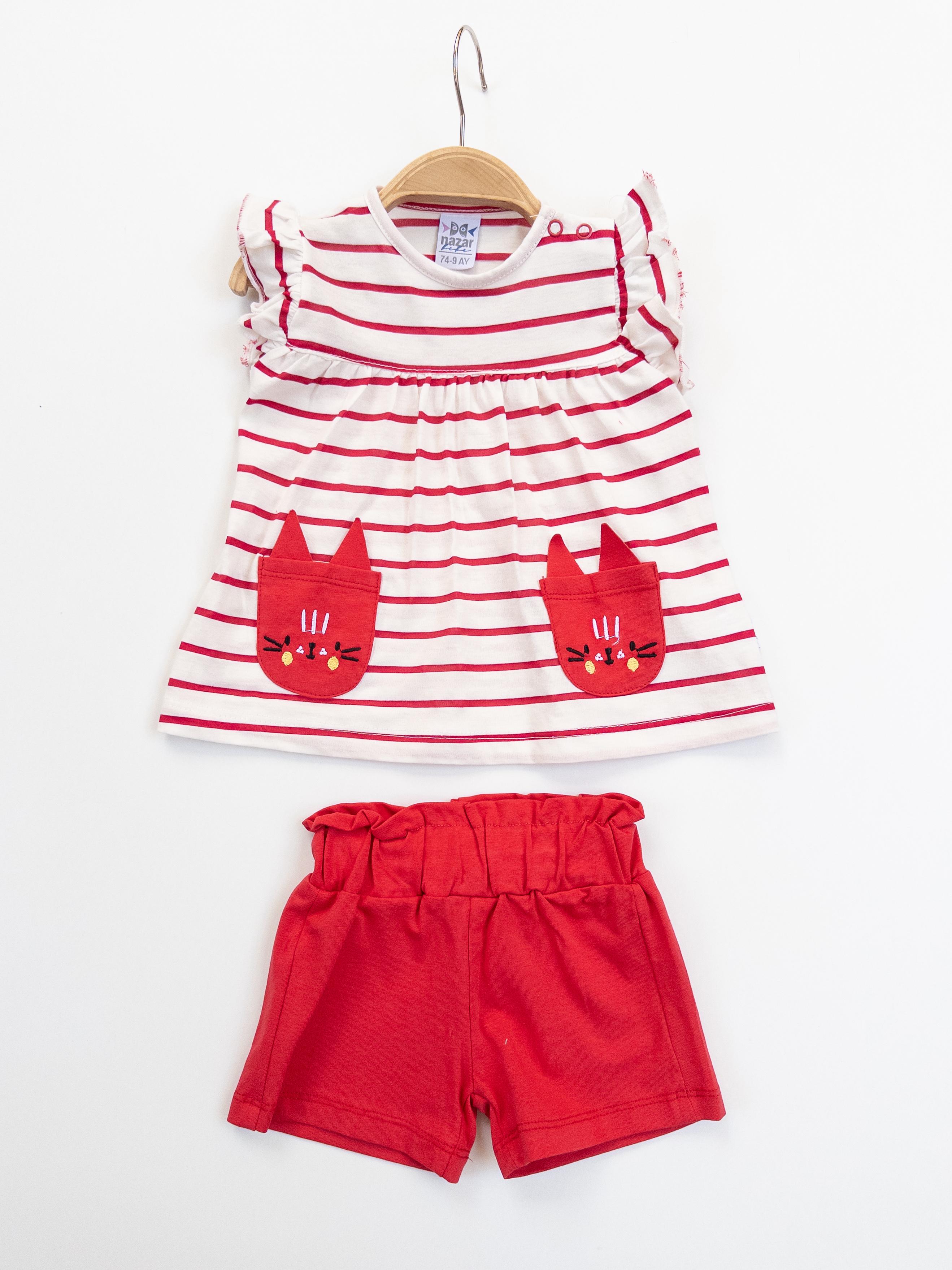 Kız Bebek Kedicik Cepli Taytlı İkili Takım