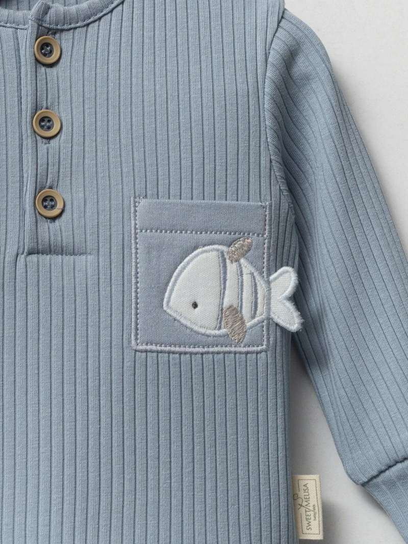 Erkek Bebek Fitilli Esnek Balık Desenli İkili Takım