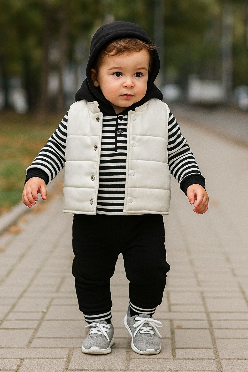 Erkek Bebek Yelekli Kapüşonlu Üçlü Takım