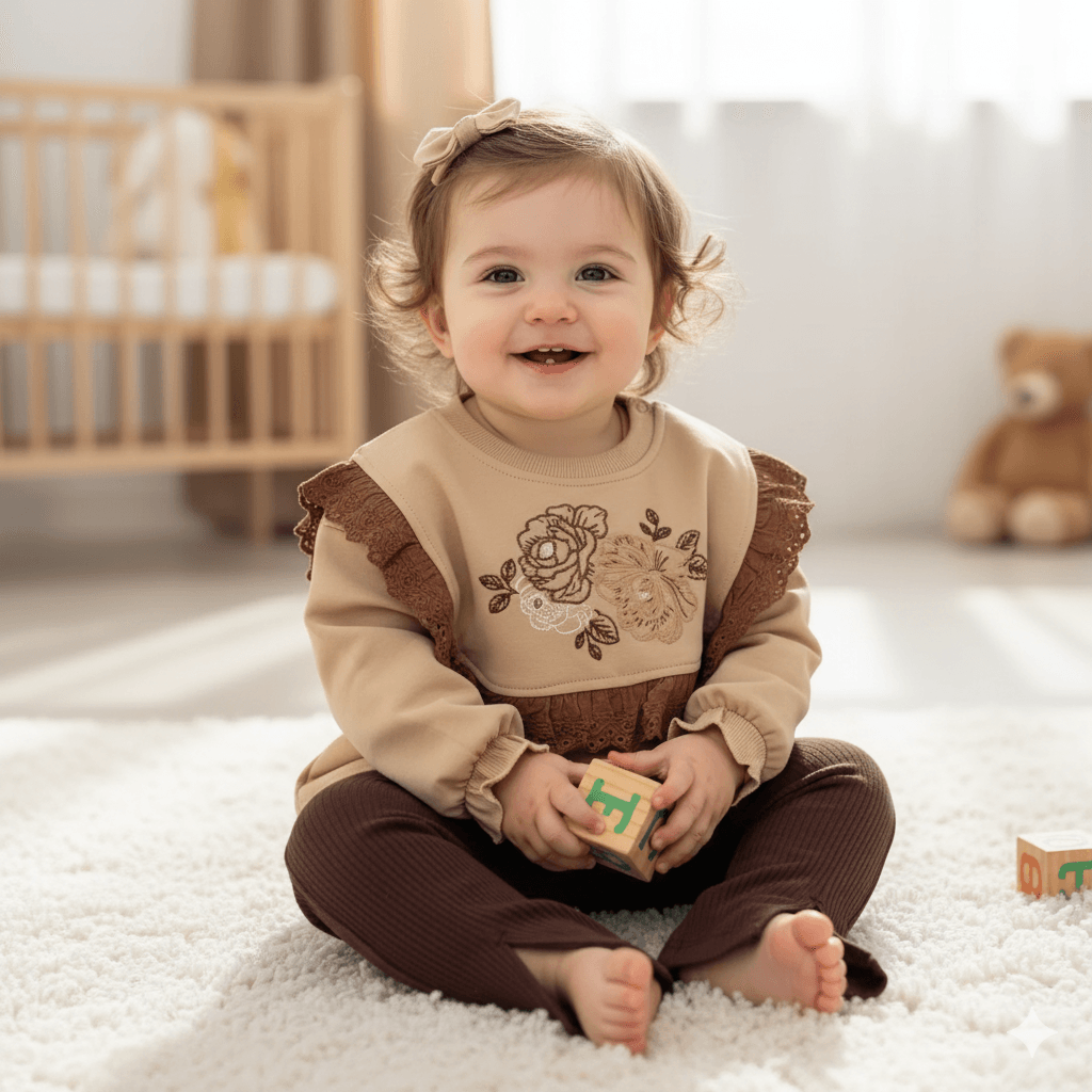 Kız Bebek Gül Nakışlı Fistolu İkili Takım - açık kahve