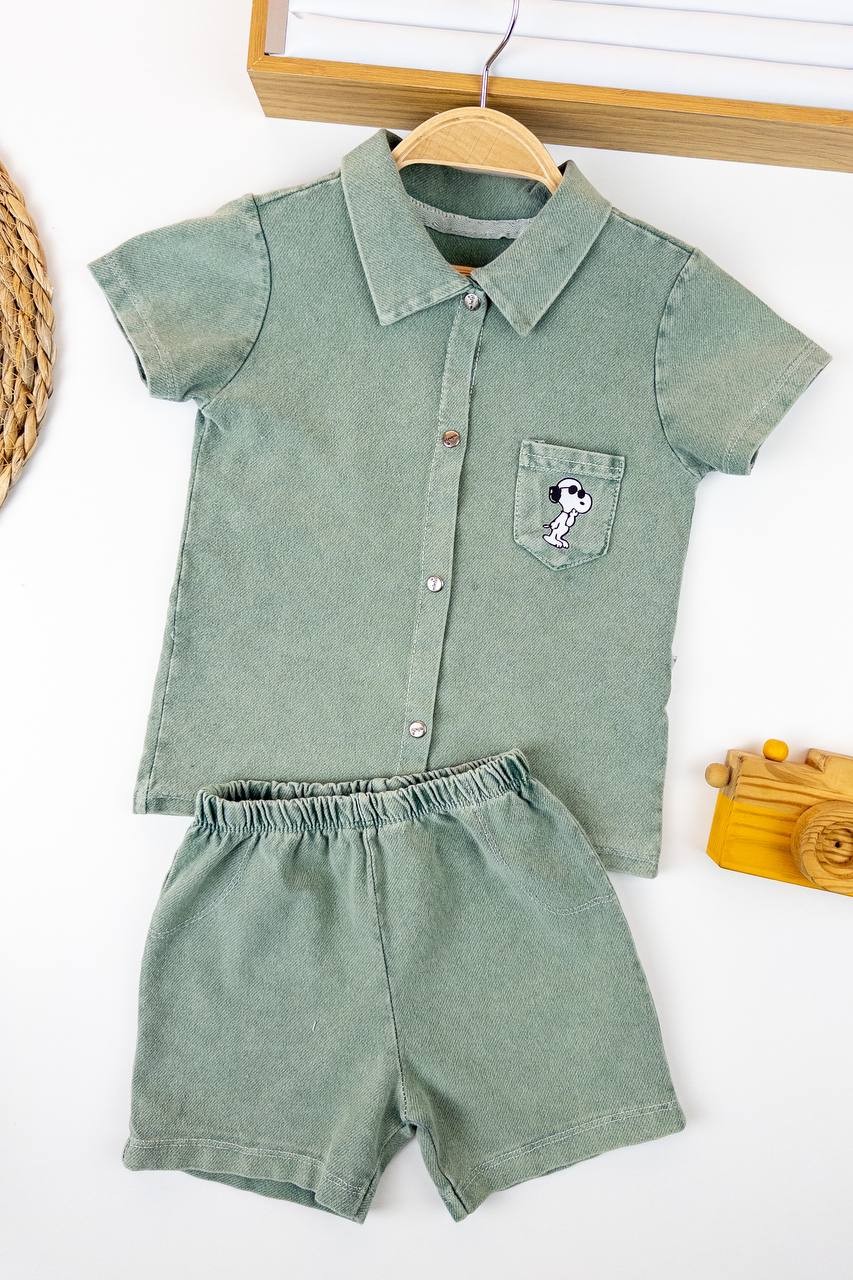 Erkek Bebek Snoppy Gömlek Şortlu İkili Takım - yeşil