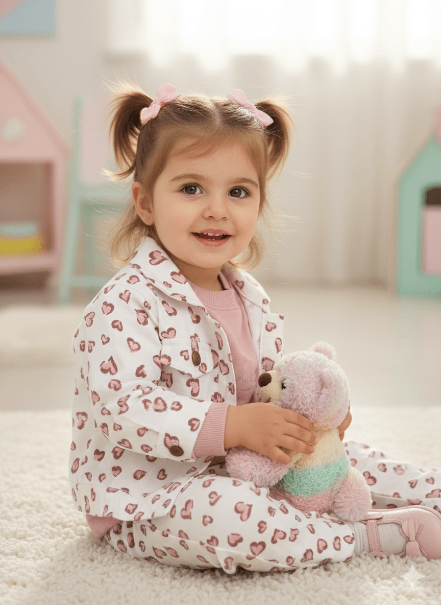 Kız Bebek Kalpli  Kot Ceketli Üçlü Takım