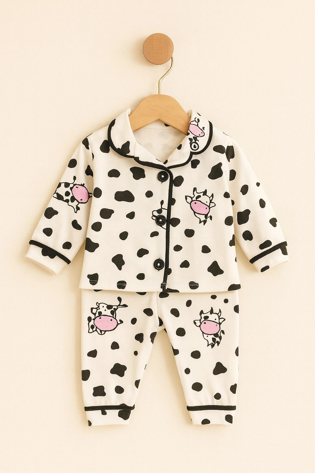 Kız Bebek İnek Baskılı Düğmeli Pijama İkili Takım