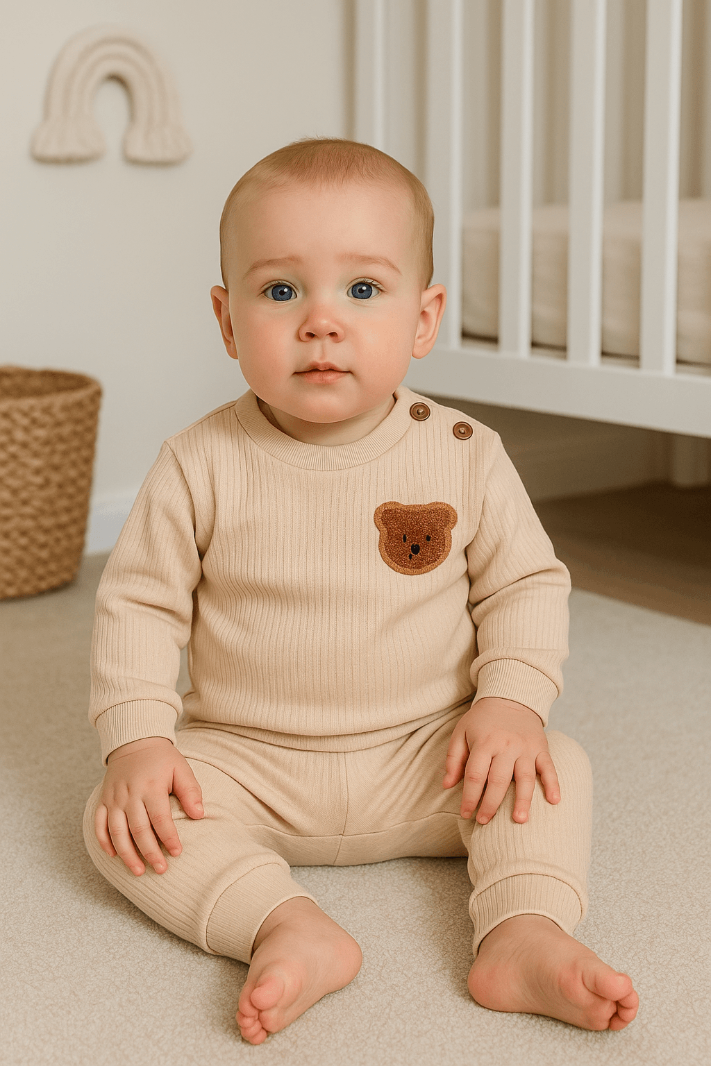 Unisex Bebek Fitilli Ayıcıklı İkili Takım - Krem