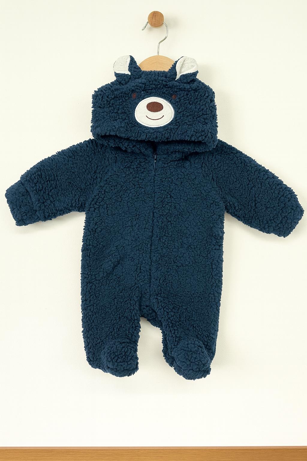 Erkek Bebek Fermuarlı Patikli Peluş Kuzu Tulum